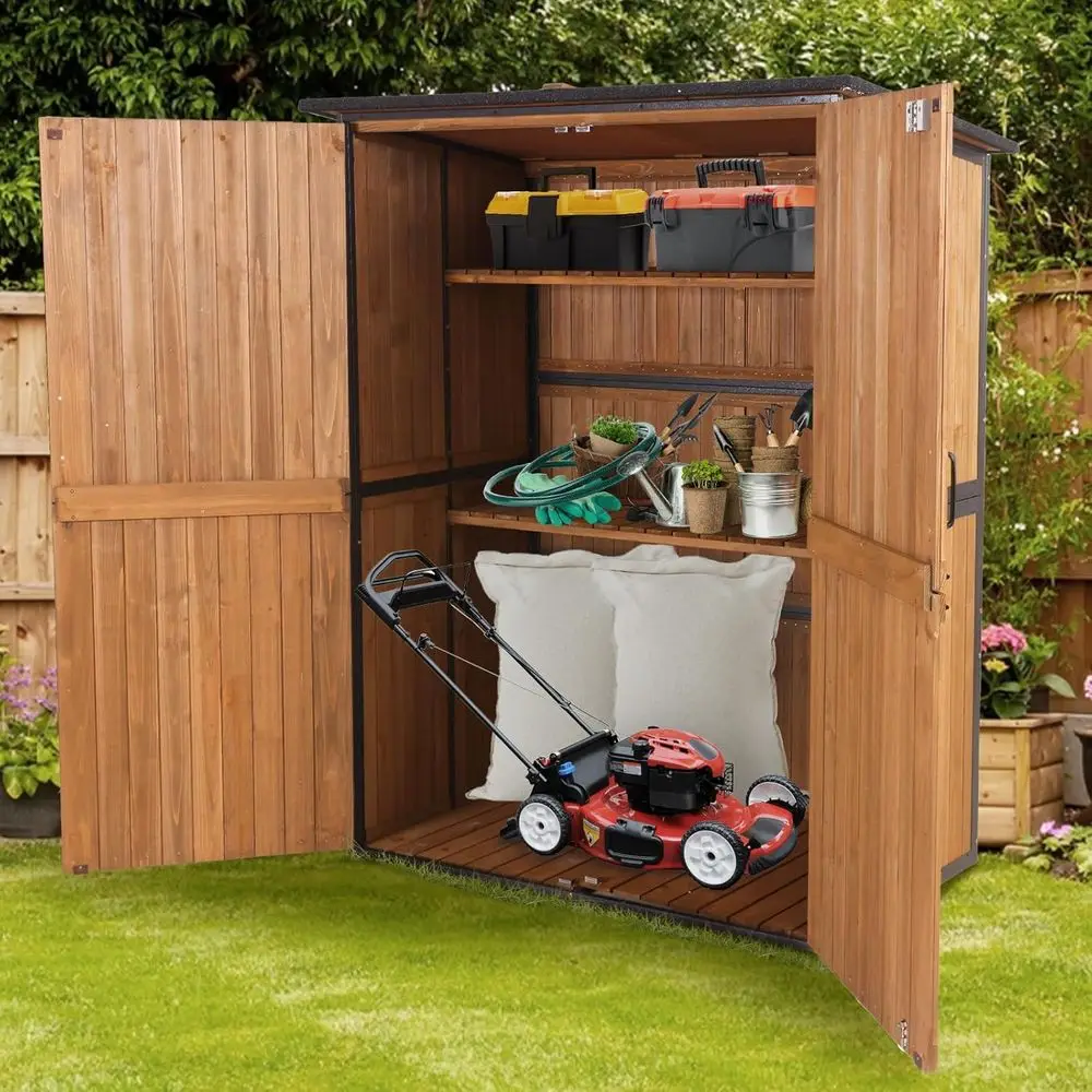 

Прочный металлический сарай 2.42T с полом и регулируемыми полками для хранения на улице и использования в саду (коричневый)