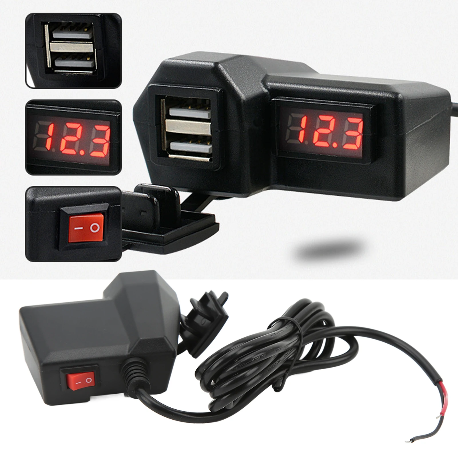 Motorbike Power Outlet Socket Motorcycle Phone  Electric Bike 3.1A Dual USB Phone  Retrofit Kit with Red Voltmeter