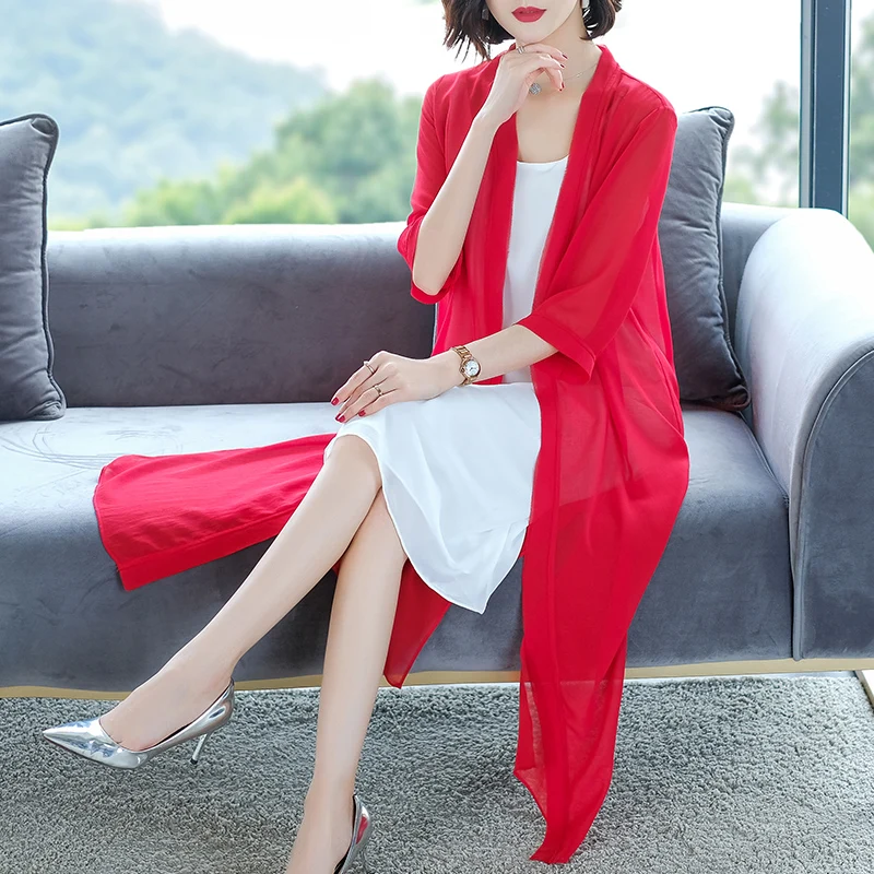 

Summer Long Chiffon Cardigan Blouse Women's Kimono Style Sunscreen Office Shirt Beach Tops plus Size Lady Blusas