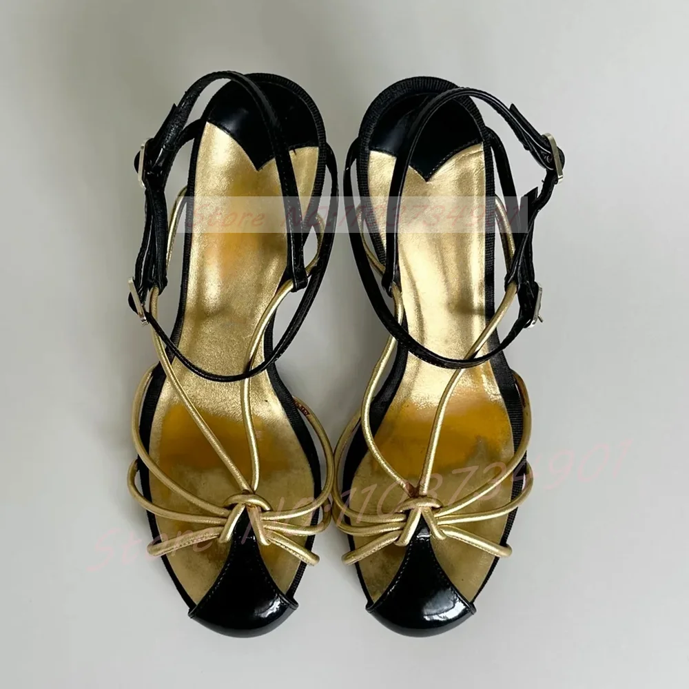 Sandales à talons hauts noires vernies pour femme, avec brides et nœuds, style cage dorée, sexy, pour soirée, de luxe