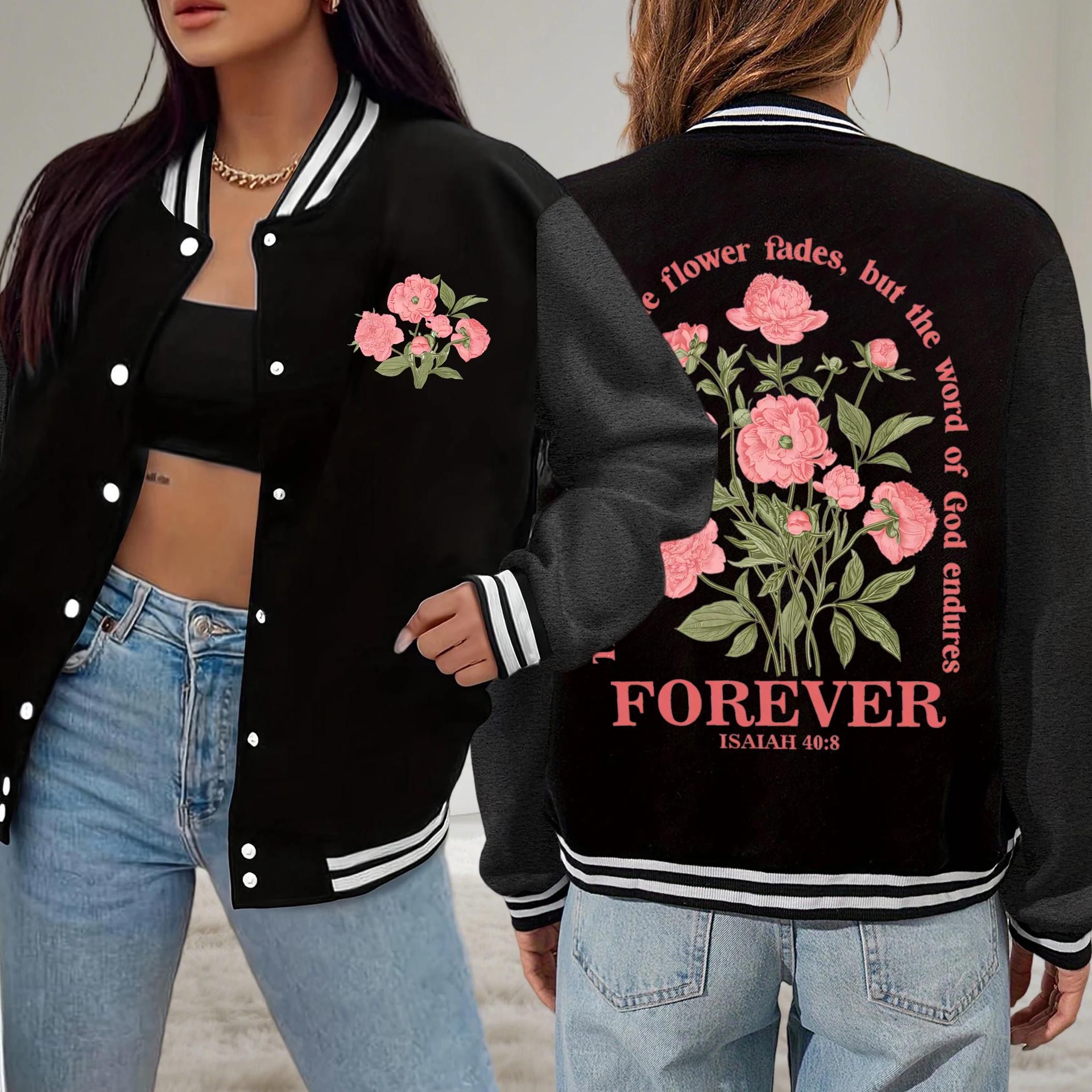 

Pink Beautiful Flowers Forever Print Women Baseball Uniform Hip Hop Fashion Sportswear Street Pocket Female Jacket Loose Clothes