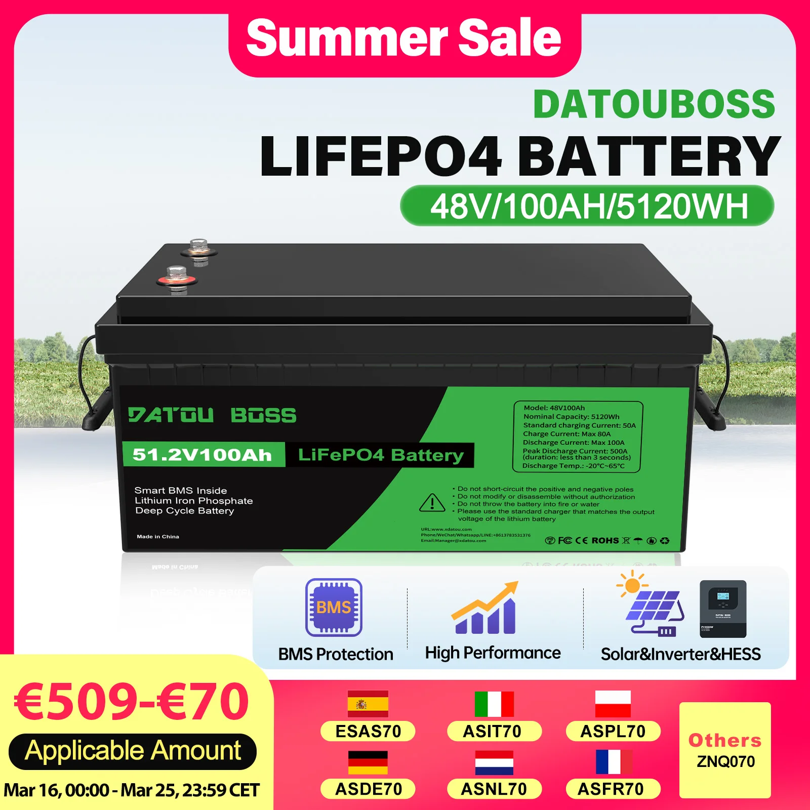 Batterie au lithium LiFePO4 DATOUBOSS 48V 100Ah 5120Wh à décharge profonde pour système solaire HESS