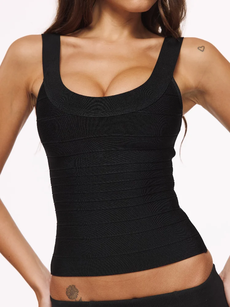 Solides Damen-Bandage-Top, trendiges ärmelloses Bodycon-Top mit breiten Trägern, lässiges kurzes Tanktop mit Reißverschluss hinten, Sommer 2026, figurbetonte Damen-Tops – Detail 3