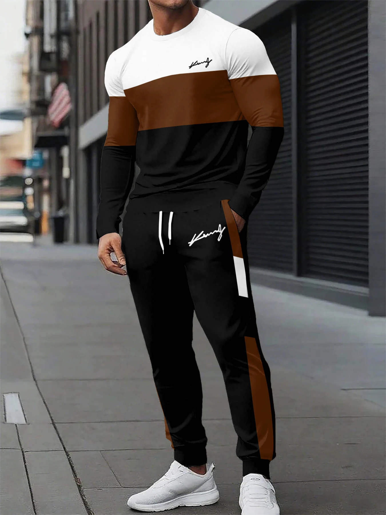 

New Men's Sports Suit Men's Round Neck Splicing Printed Long-sleeved T-shirt Loose Pants Two-piece Set Streetwear