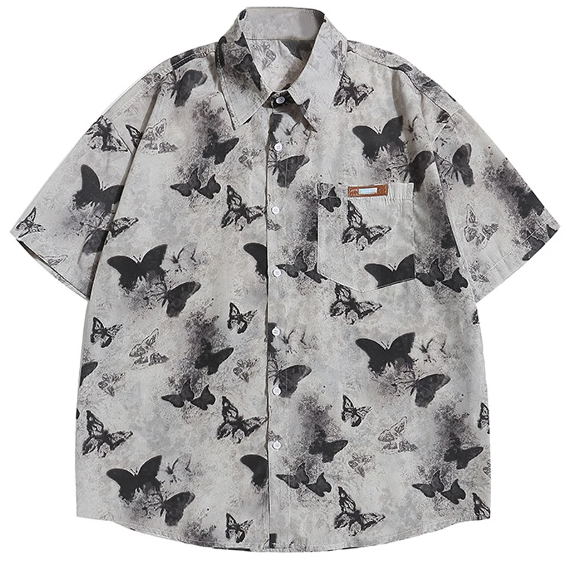 

American Retro Full Print Butterfly Short Sleeve Shirts Mens Retro Streetwear Summer Lapel Loose Single Breasted Cotton Shirts