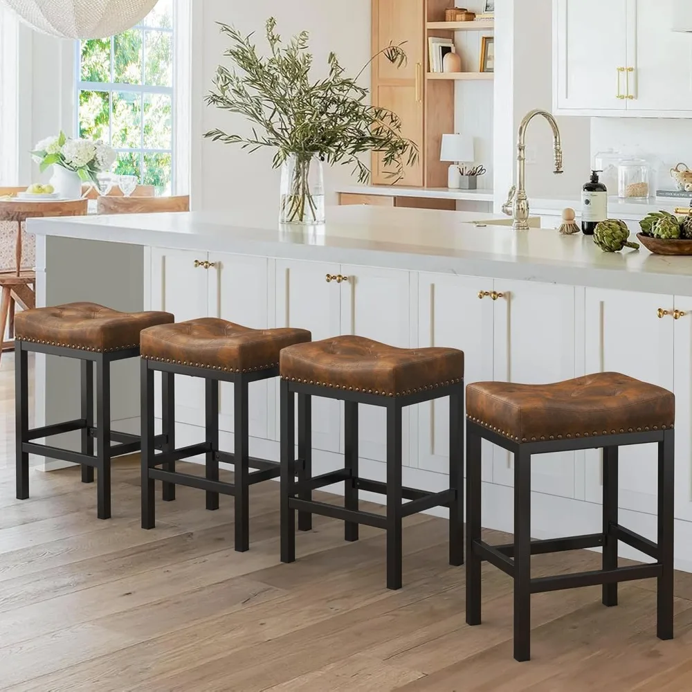 Counter Height Bar Stools, 24 Inch Saddle Backless Bar Stools Set of 4 for Kitchen Counter, Faux Leather Counter Stools