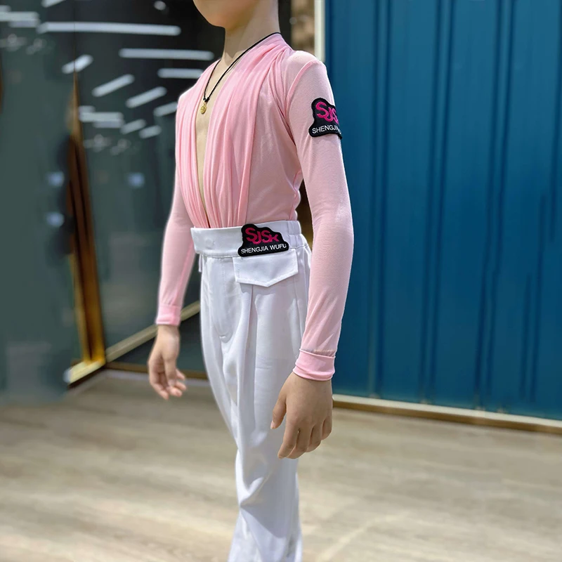 Boys Latin Dance Clothes Pink Mesh Long Sleeves Tops White Pants Male Kids Cha Cha Latin Ballroom Dance Competition Wear NV19830