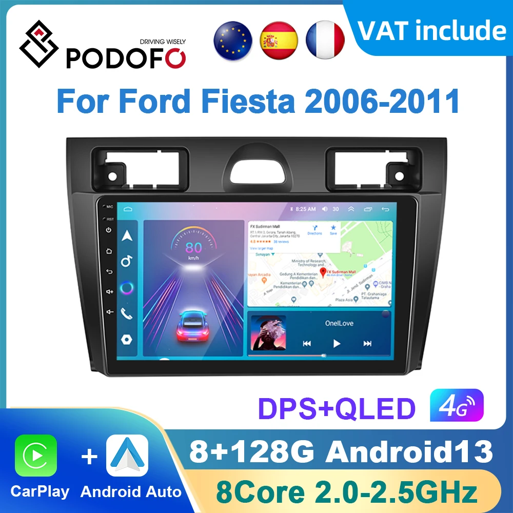 Podofo AI Voice Android Carplay Car Radio For Ford Fiesta 2006-2011 Android Auto 4G Multimedia Player GPS Navigation RDS Radio