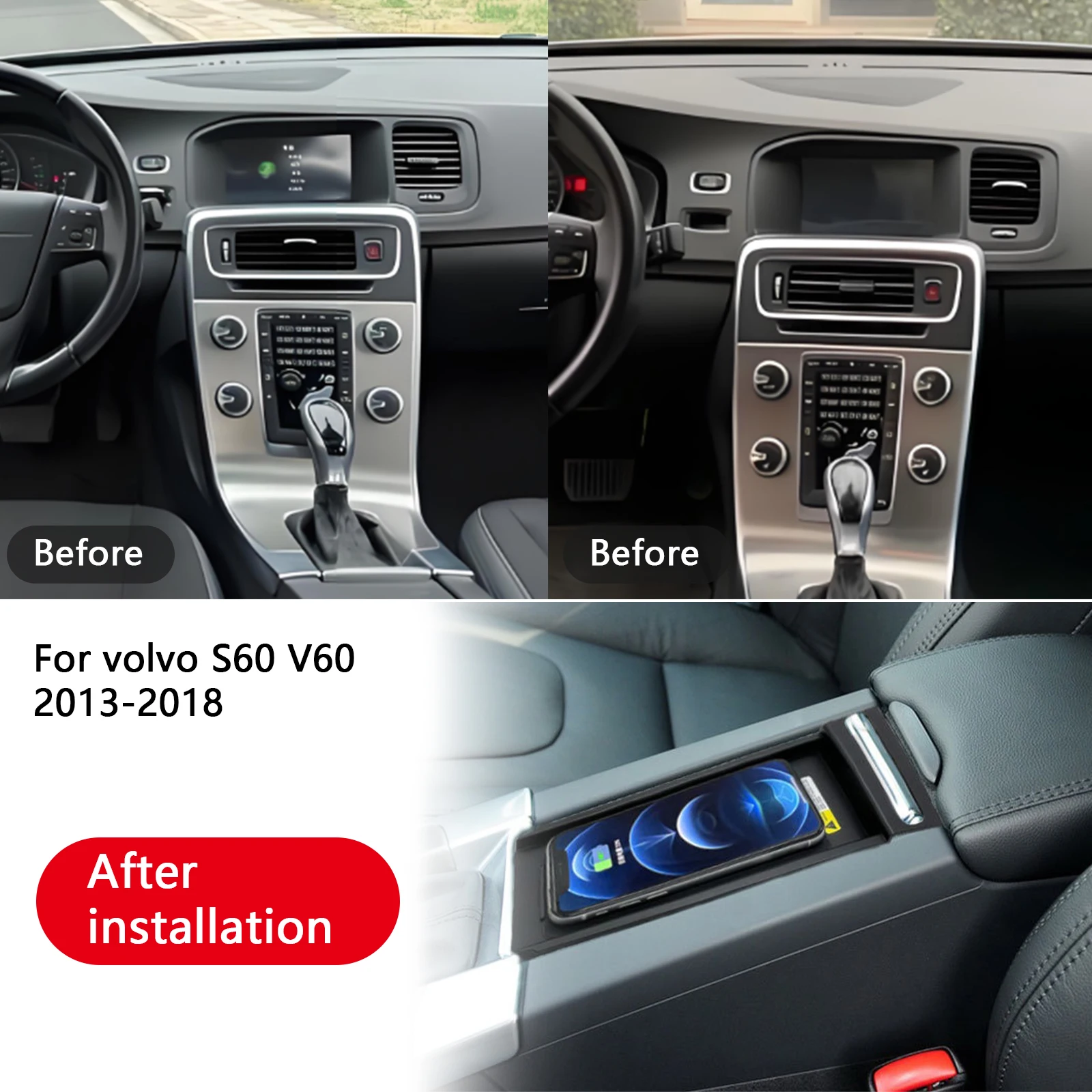 2 din o mais recente para volvo s60 v60 2013-2018 console central do carro carregador de telefone rápido carregador sem fio placa suporte de carregame