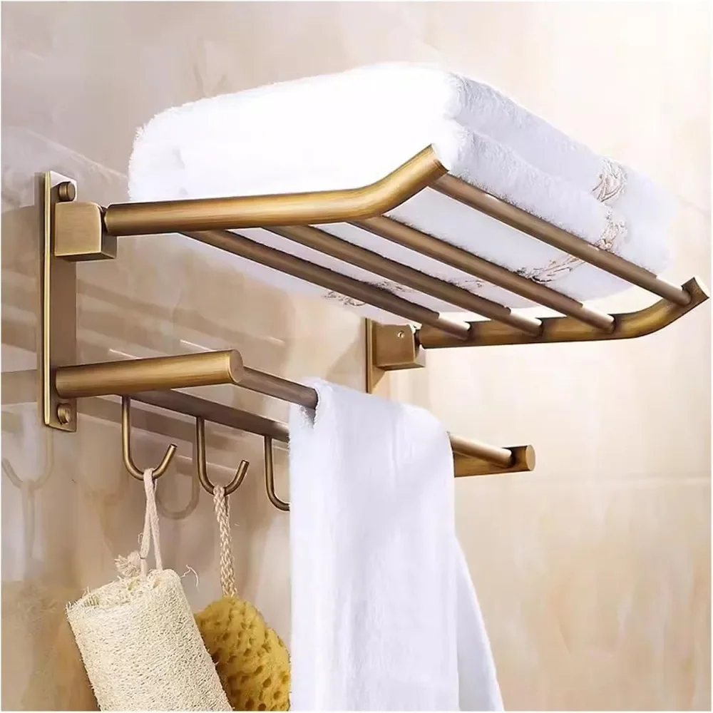 

Bronze Rack Wall Mounted Bathroom Kitchen Holder,Brass Bathroom Hand Towel Holder with Towel Bar and 5 Hooks