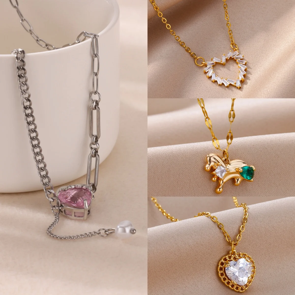 

10pcs Luxury Heart Zircon Necklaces for Women 18K Gold Plated Imitation Pearl Y2K Jewelry Christmas Gift Wholesale bijoux mujer