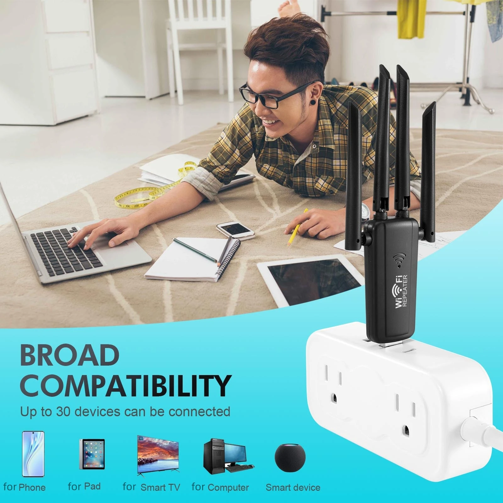 2.4G 300Mbps Wireless USB WiFi Repeater 4 Antenna Wifi Long Range Extender Wi-Fi Signal Amplifier Home Network Adapter for PC