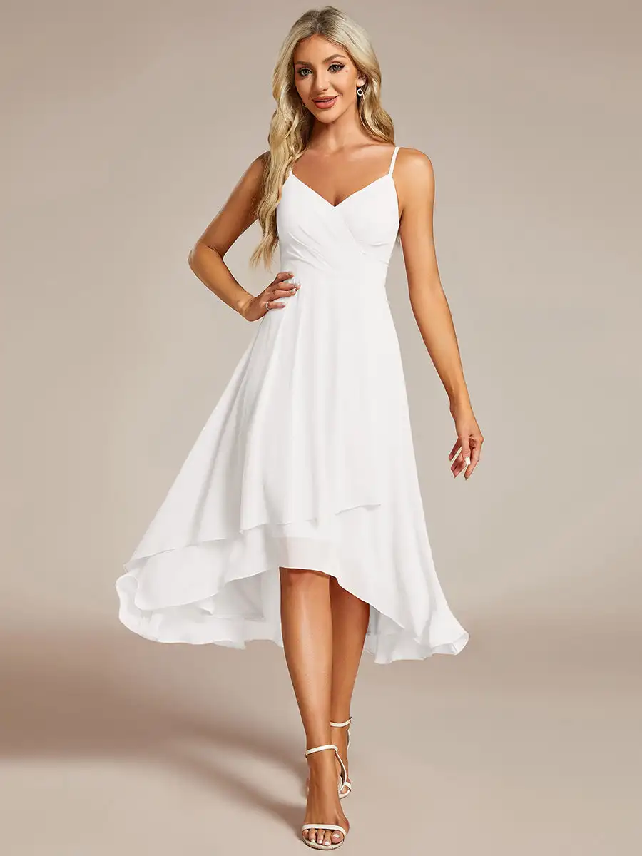 

Elegant Evening Dresses Spaghetti Straps Empire Waist Asymmetrical Hem 2024 BAZIIINGAAA of Chiffon White Wedding Guest Dress