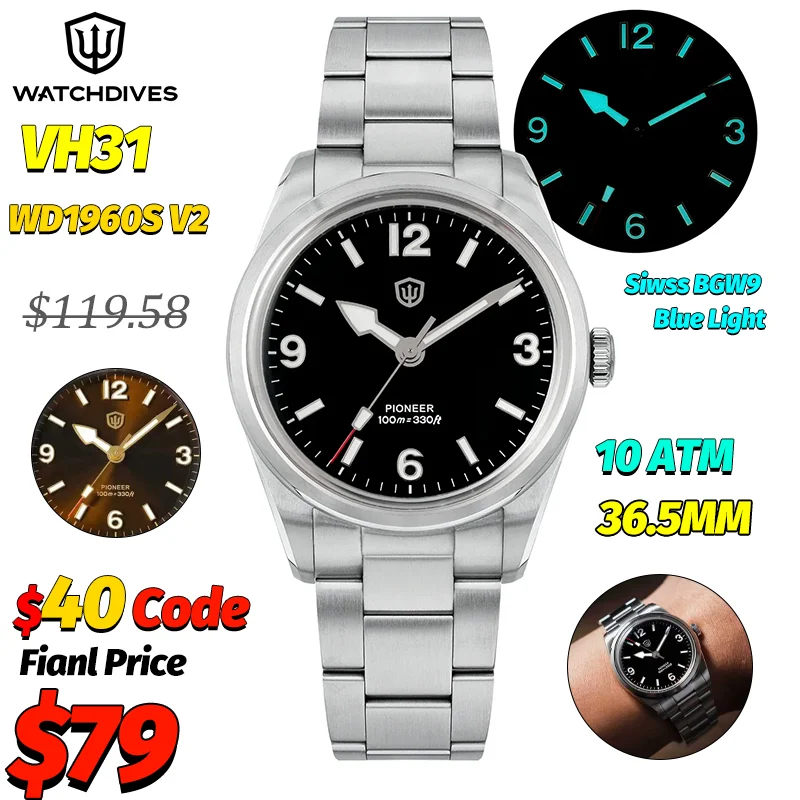 

Часы Watchdives WD1960S V2, 36 мм, черные кварцевые часы VH31 Bubble K1, сапфировые, светящиеся, водонепроницаемые, 100 м, винтажные часы из нержавеющей стали