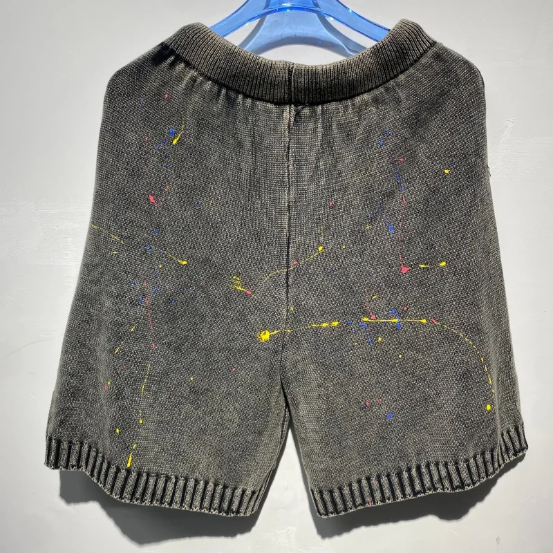Men Vintage Knit Shorts Saint  Multi-color Splash Paint Rib Hem Hip Hop  Street Bottoms