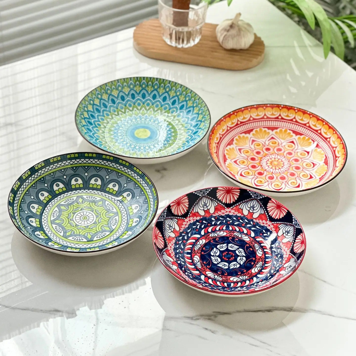 8.2-Inch Boho Style Ceramic Plate, 4 Counts/set Colorful Geometric Pattern Dinner Plate, Decorative Plate for Home Kitchen Party