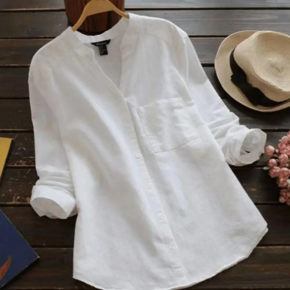 

Женская рубашка All Match с V-образным вырезом, классический крой, на пуговицах, с длинным рукавом, из хлопка и конопли, летняя, женская блузка, топ, женская футболка 80