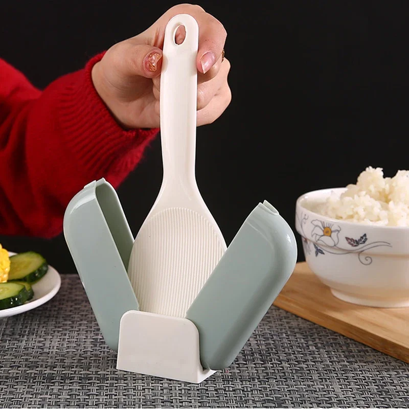 Plastic Rice Scoop Automatic Open and Close Dust Cover Tableware Stand-up Rice Spoon Storage Rack Non-stick Home Kitchen Tools