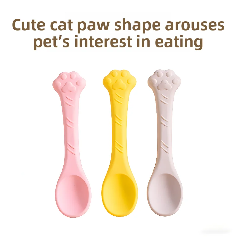 3 Pcs Long Handle Pet Canned Spoon Silicone Candy Color Cat Feeding Scoop Cat Paw Design Bite Resistant Pet Tableware