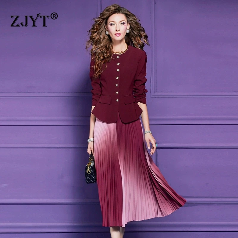 

ZJYT Elegant Ladies Dress Sets 2 Piece Women Autumn 2025 Long Sleeve Top and Gradient Midi Pleated Skirt Suits Set Outfit Party