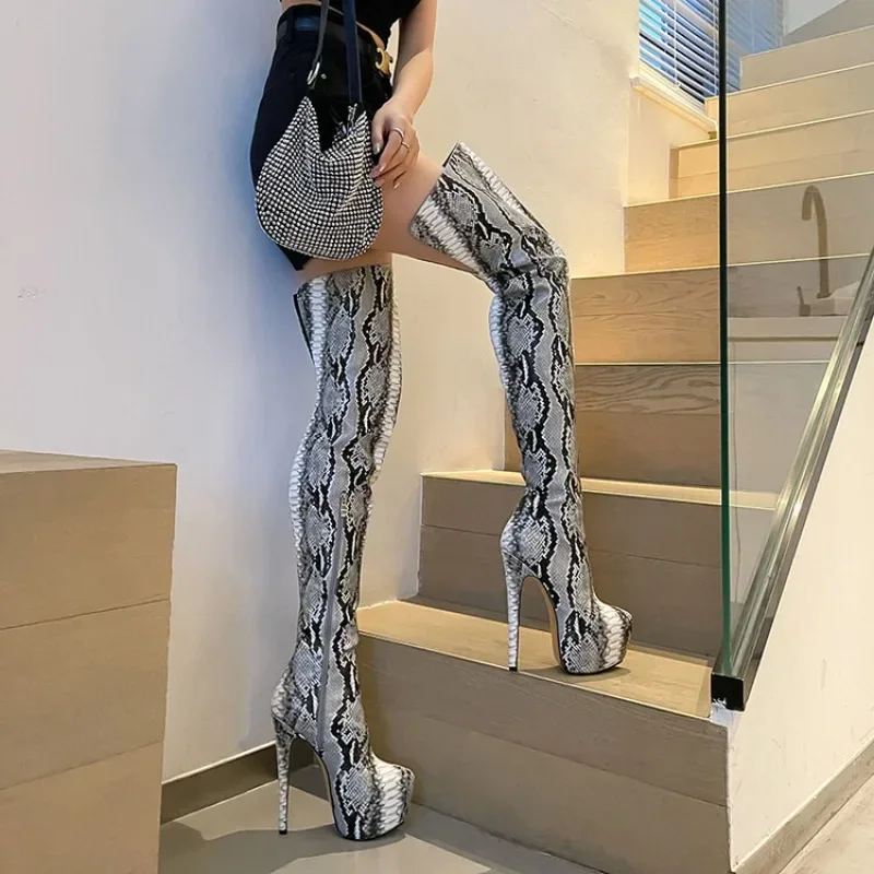 

Shoes Snake Pattern Waterproof Platform High Heel Over Knee Boots Walk Show Pointed Toe Thin Heels Black Thigh Long Boots