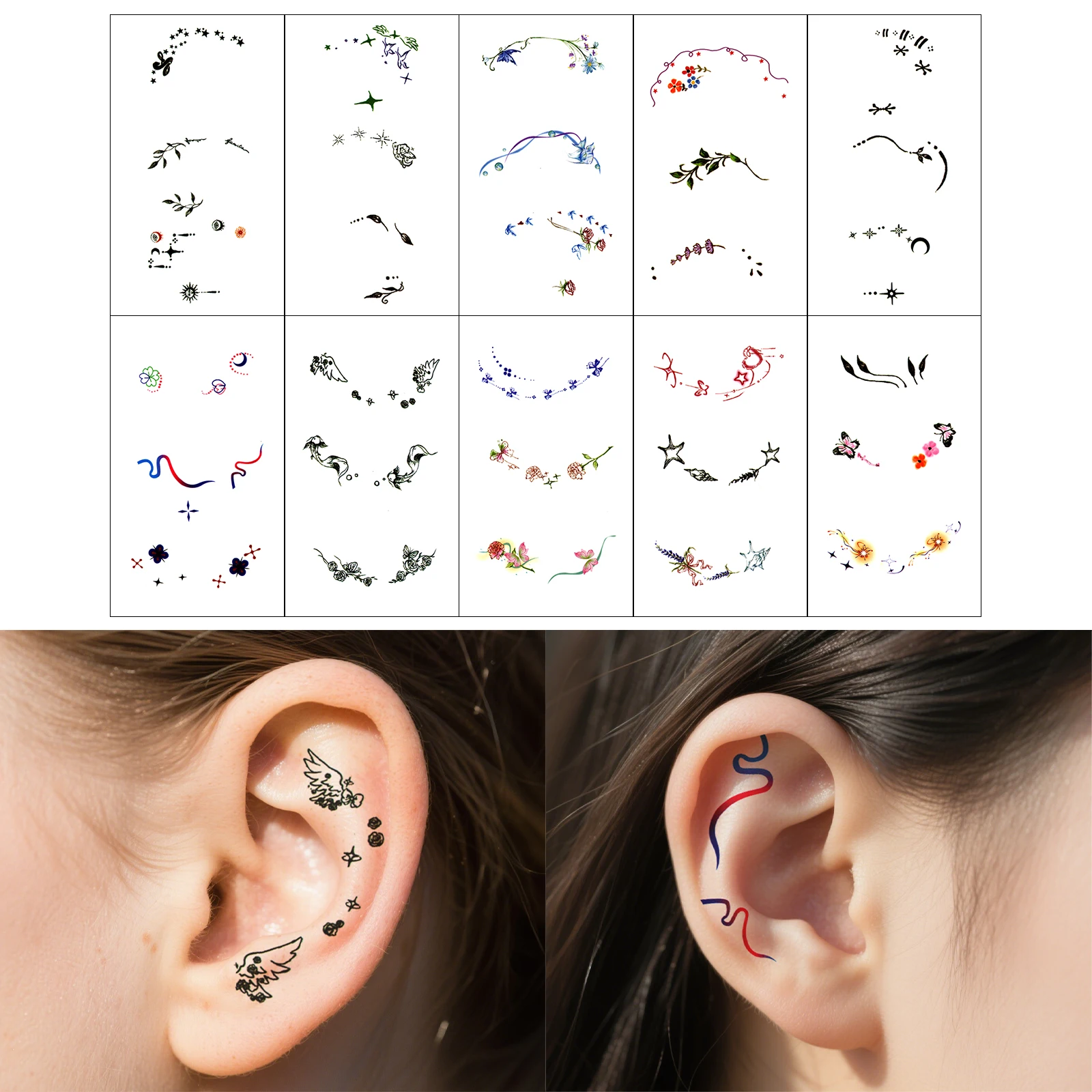 

10pcs Small Pattern Tattoo Stickers for Hand and Ear Realistic Butterfly Leaf Moon Finger Temporary Tattoos Waterproof Body Art