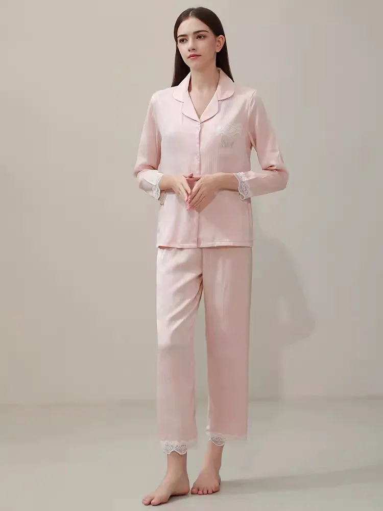 Pure Silk pink Striped Button Up Womens Pajamas 2Pcs lace trim long silk pajamas home wear