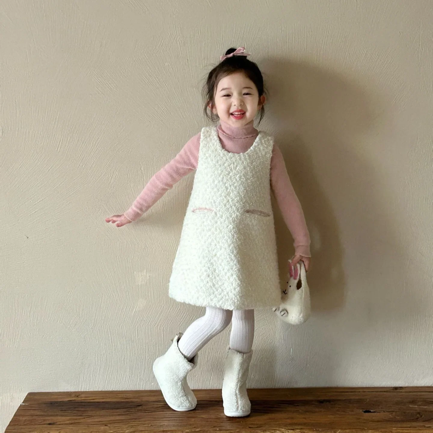 Girls Suits 2024 New Winter Childrens Clothes Korean Style Baby Girls Pink Sweater Cotton Wool Sundress Two-piece Set Simple