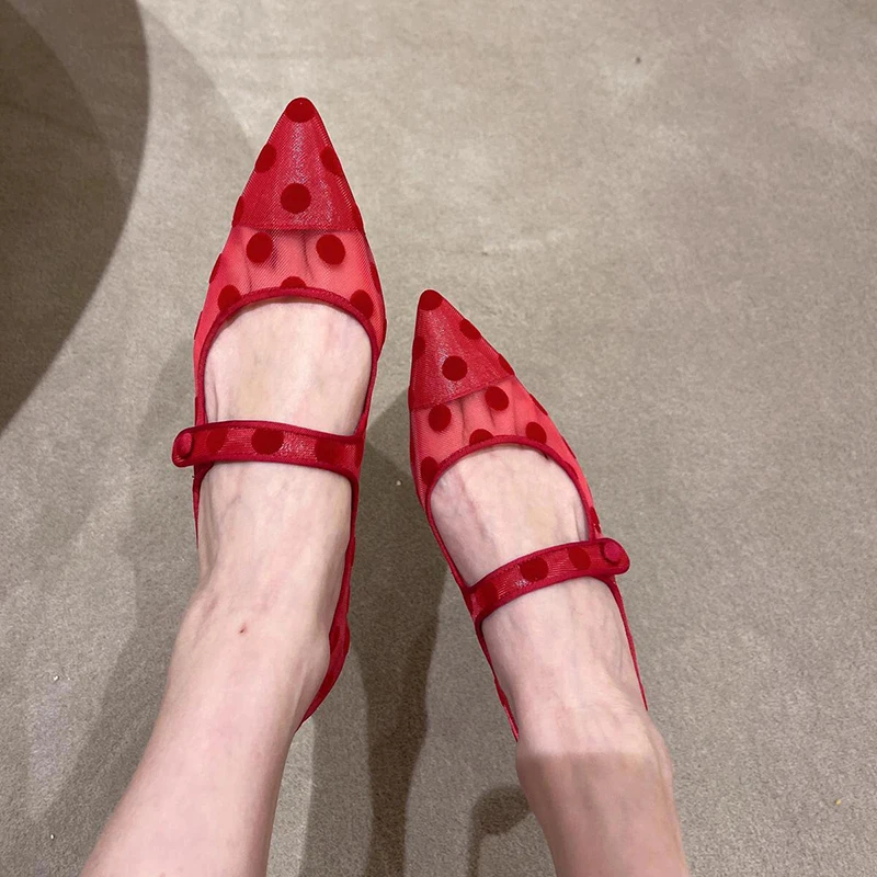 Mesh Sandals Polka Dot Stiletto Heels Fashion Women Pointy Toe Pumps Flat Mary Janes Instep Strap Summer Sweet Dress Shoes