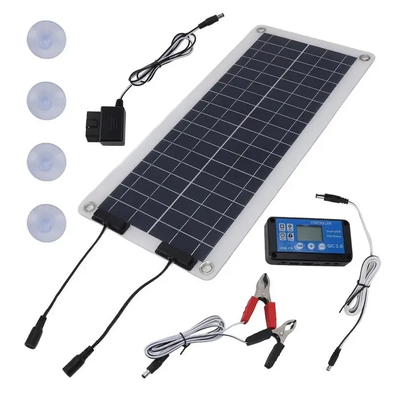 Solar Panel Charger 100W Waterproof Trickle Charger Solar Battery Maintainer Dual Output For 12V-24V Car RV Boat Motorcycle