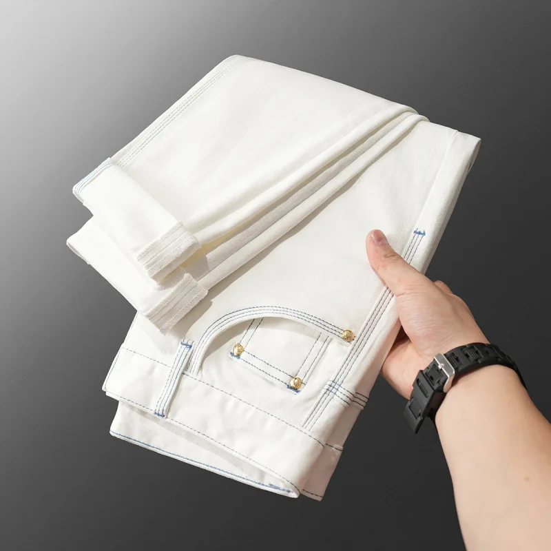 2025 Spring/Summer Light Luxury Jeans Men's Solid Color Fashion Versatile Slim fit Small Straight Stretch High end Denim Pants