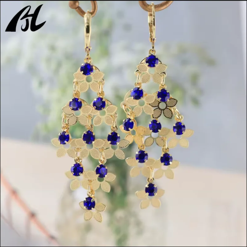 Hot Sale Exquisite Flower Ethnic Style Tassel Earrings Dangle Statement Colored Green Crystal Earring for Women Girl