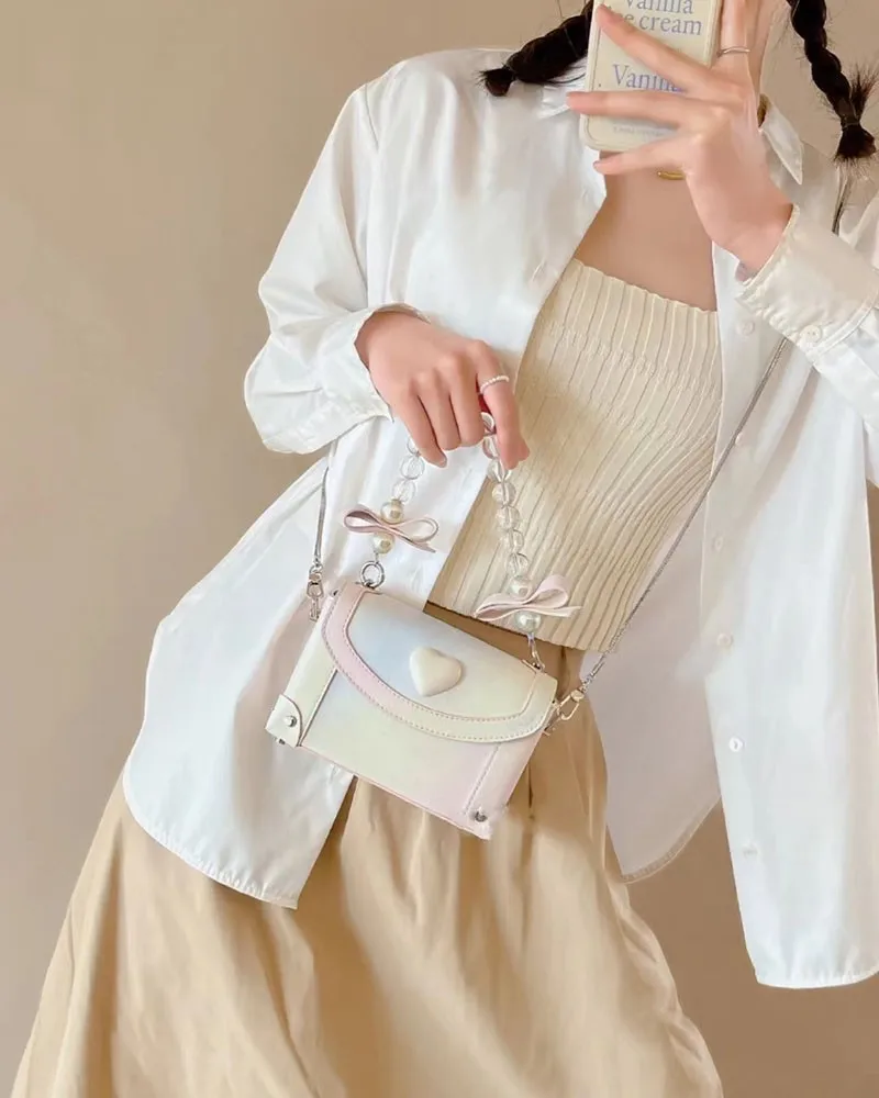 JIAERDI Sweet Pink Messenger Bag Women Fairycore Aesthetic Handle Pearl Chain Crossbody Bags Ladies Harajuku Heart Y2k Hand Bag