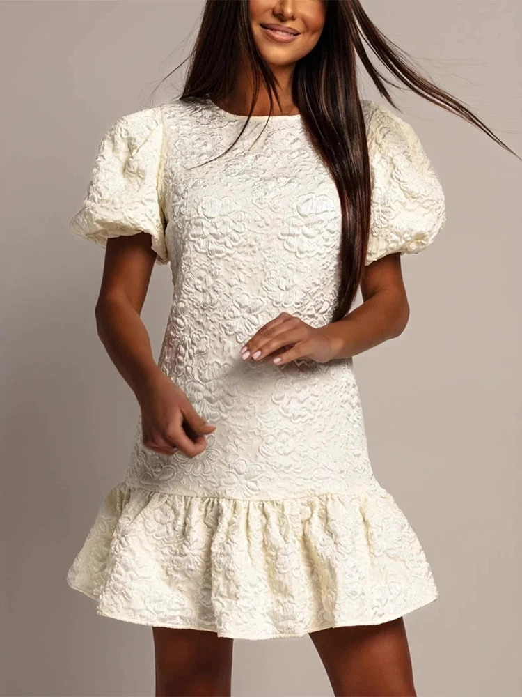 

Элегантное мини-платье с круглым вырезом и рукавами-фонариками, модное платье с цветочным жаккардовым узором, драпированное, однотонное, для вечеринок, женское повседневное платье с высокой талией, А-силуэт