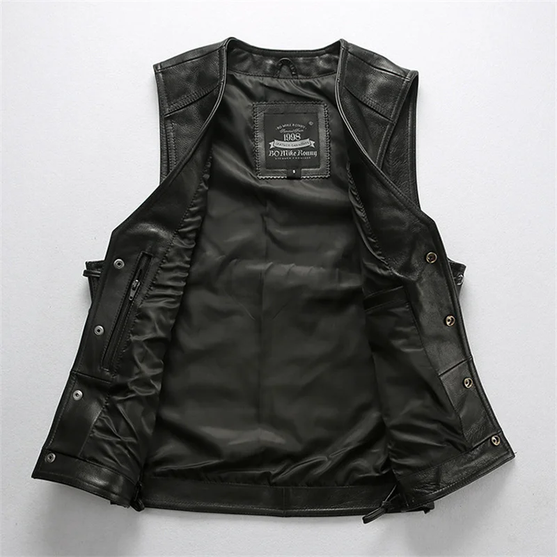 Black Four Seasons Leather Vest Men Sports Style Plus Size 4XL Genuine Natural Cowhide Slim Fit Skull Embroidery Pattern Vest