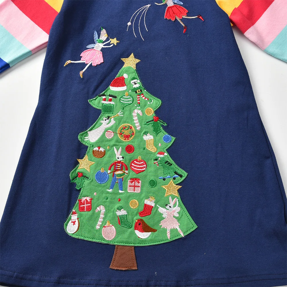 DXTON Girls Christmas Tree Appliqued Dress Kids Xmas New Year Gift Dresses Girls Cotton Casual Striped Staight Vestidos 3-12 Yrs