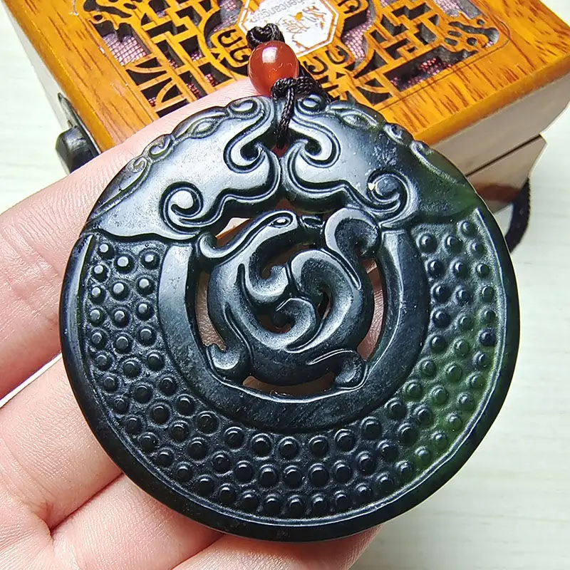 Round Ruyi Pendant Serpentine Antique Dragon Necklace