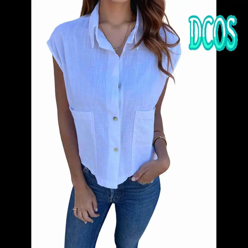 

DCOS-Women Button Down Shirt Cotton Linen Short Sleeve V Neck Blouse Summer Loose Blouse Casual Tops