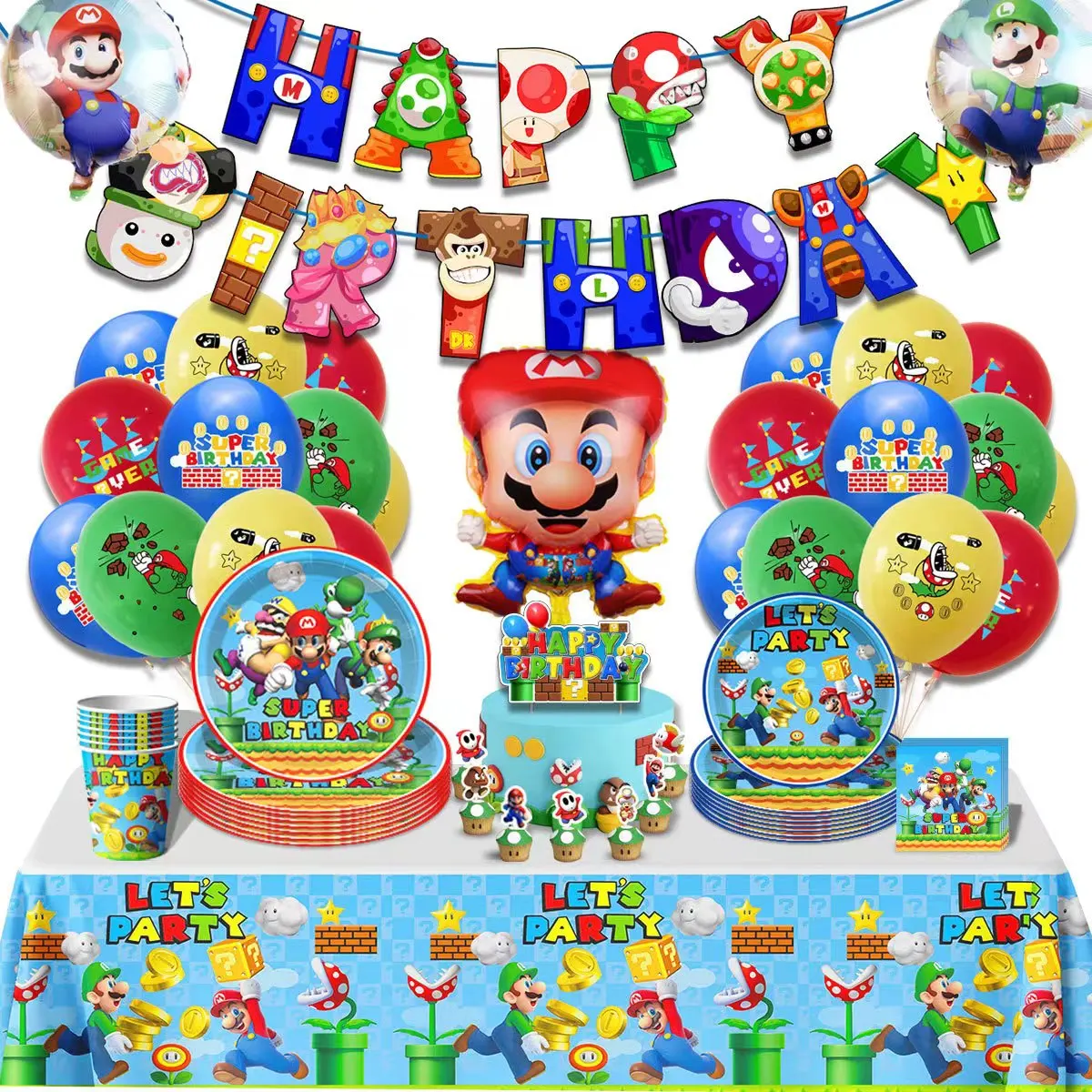 Super Mario Bros Birthday Party Decoration Game Mario Brother Theme Tableware Cup Plate Balloon Party Supplies Kids Backdrop