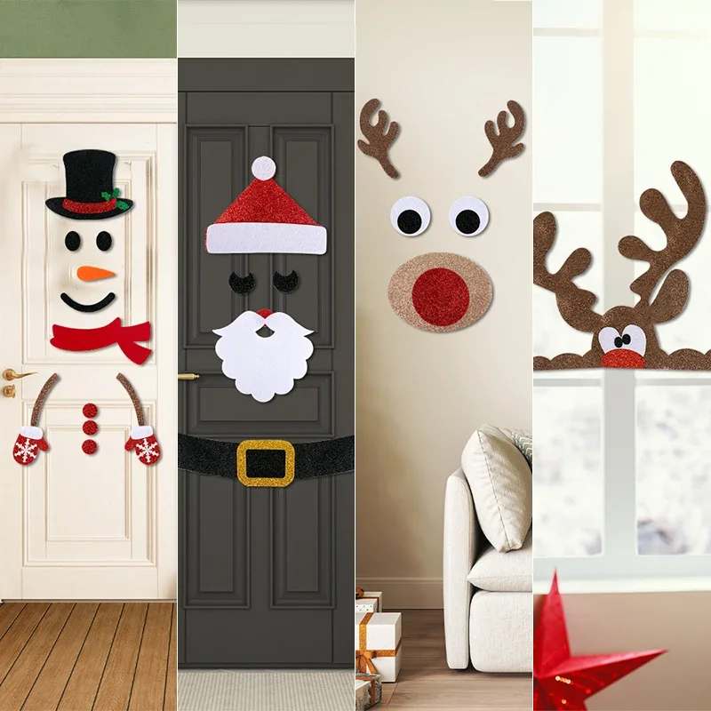 

Christmas Door Stickers Non-woven Fabric Window Stickers Snowman Santa Claus Elk Wall Sticker Merry Christmas Home Decoration