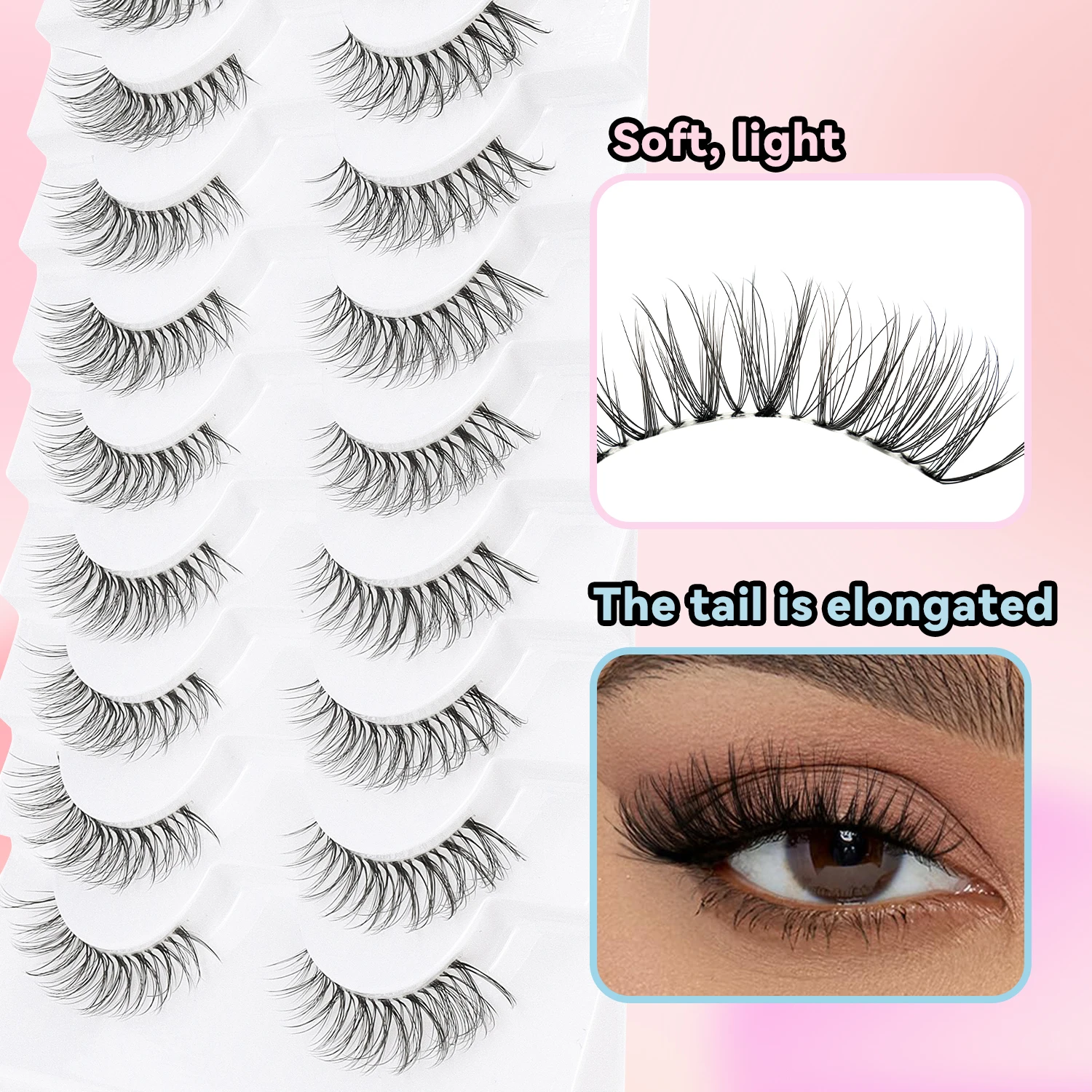 10 Pairs Of Natural D Curl Transparent Cross Style False Lashes Light And Comfortable