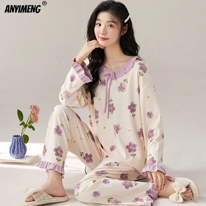 Purple Floral Printing Women Pajamas Set Autumn Winter New Faux Cotton Sleepwear Leisure Lady Pijamas Long Sleeves Chic Homewear