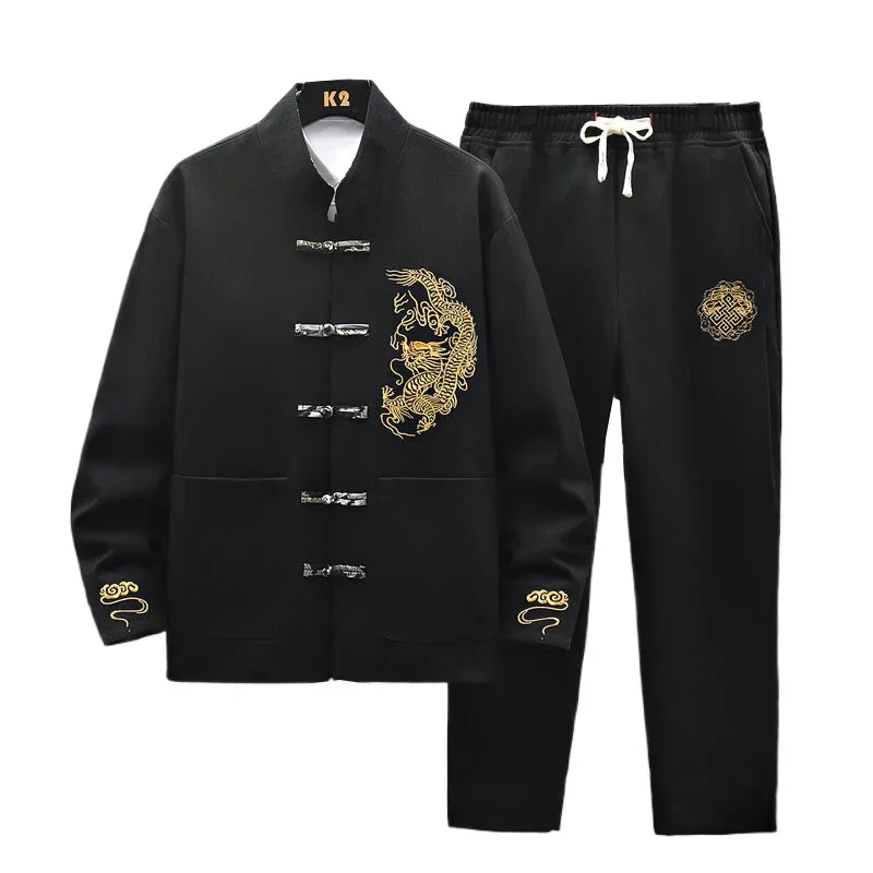 Men Chinese Style Tang Suit Man Embroidery Classic Sets Men Tea Zen Jackets & Pants Layman Retro Ethnic Outfit China-Chic Set