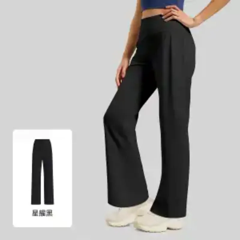 Women High Waist Stretch Yoga Pants Straight Leg Back Pocket Breathable Loose Draped Fitness Running Sports Casual Trousers