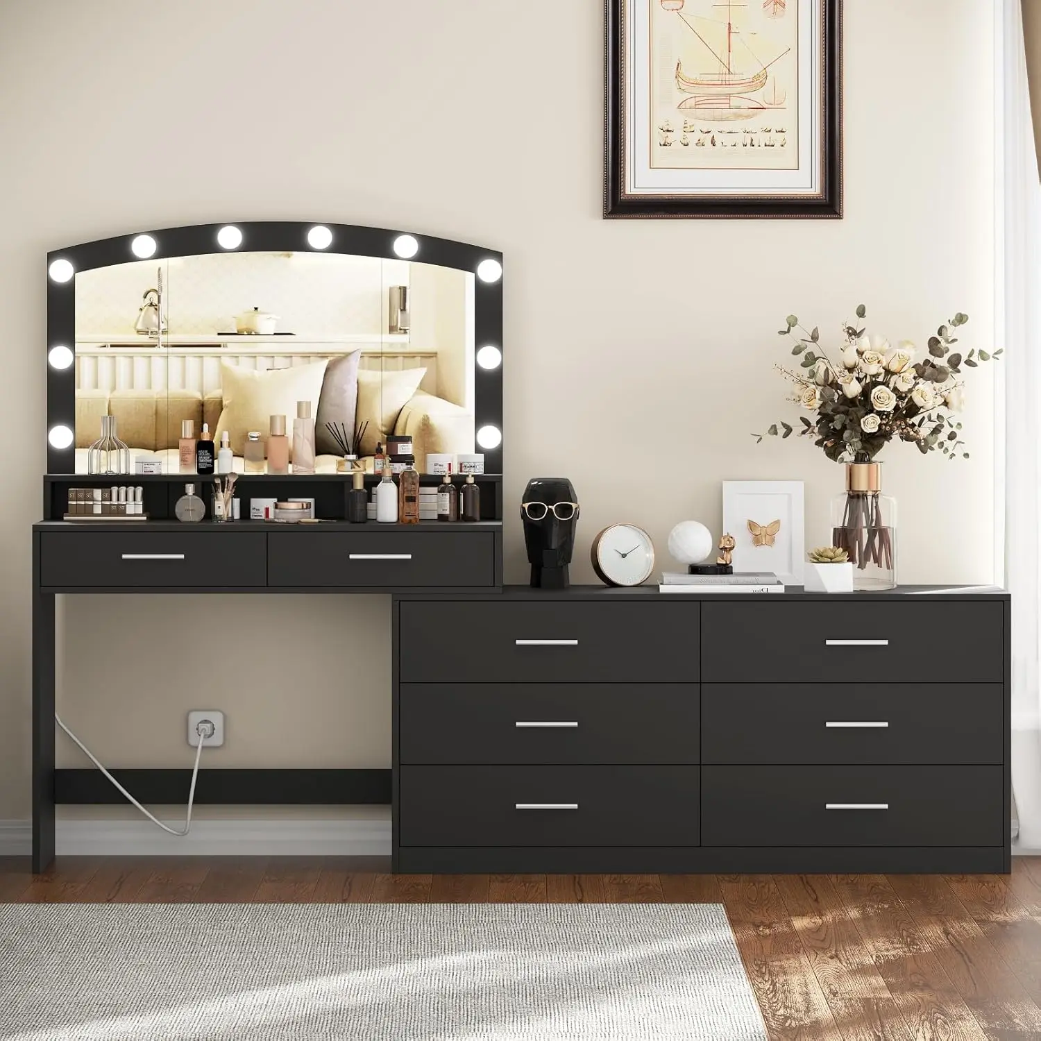 

Vanity Desk with Large Mirror and 3-Color Lights, Makeup with 8 Drawers & Open Shelf, Side Cabinet w/ Width Adjustable for Women