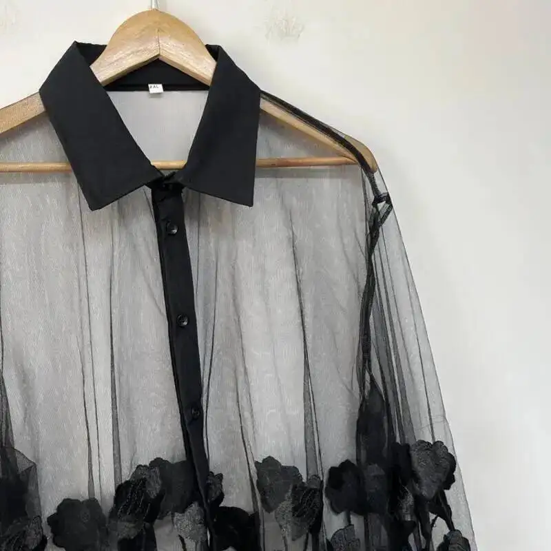 WVGA Summer New Men's Dark Embroidery Trendy Sheer Mesh Layered Personality Long Sleeved Shirts Niche Chic Casual Tops Ins W8066