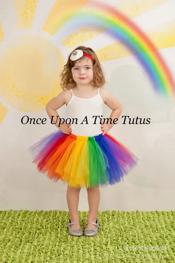 Girl\'s Rainbow Color Tutus Skirts Baby Handmade Multicolor Tulle Ballet Dance Tutus with Flower Headband Kids Party Pettiskirts