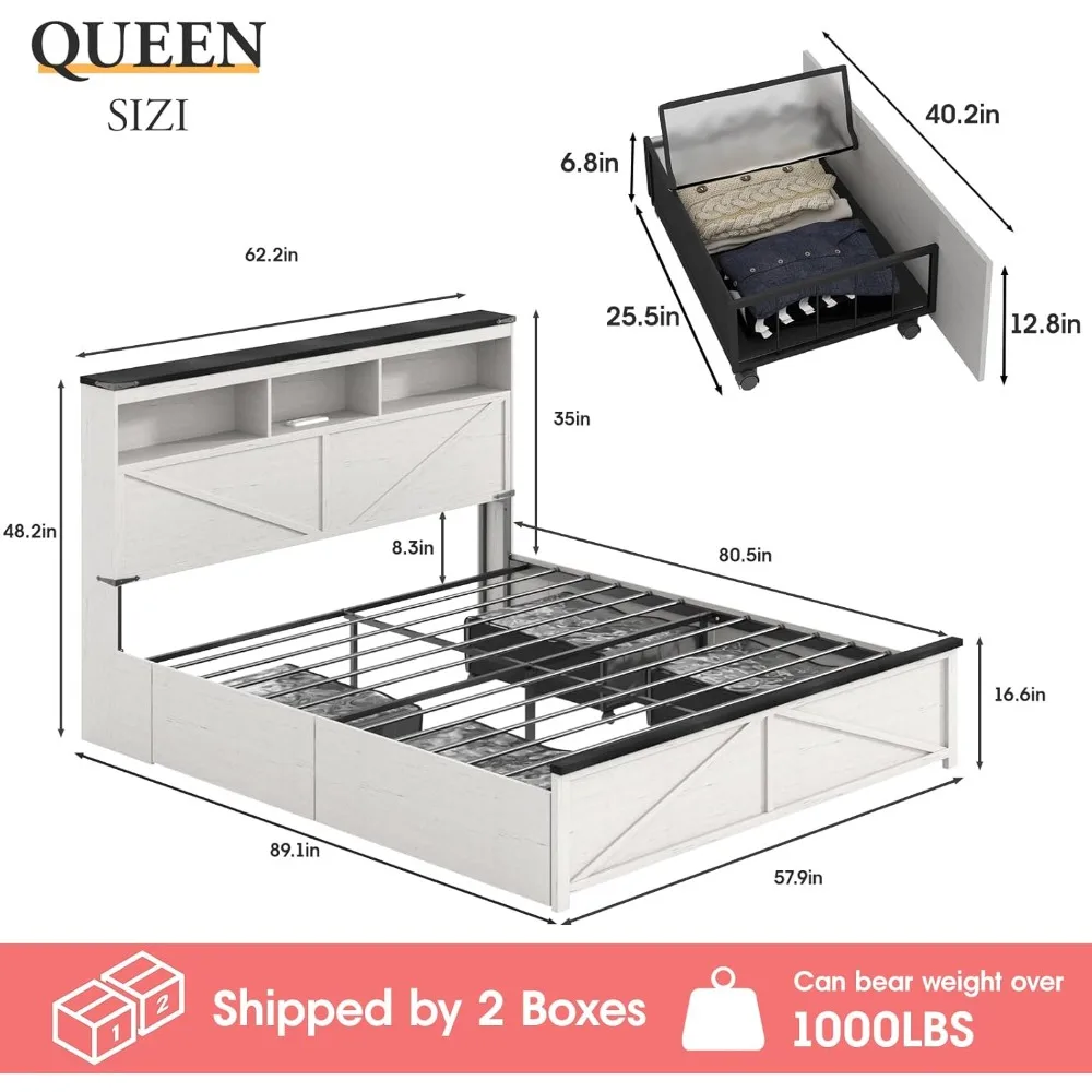 Queen Size Bed Frame with 3-Tier Storage Headboard, Metal Platform Bed Frame with Charging Station, LED Lights, 4 Storage Drawer