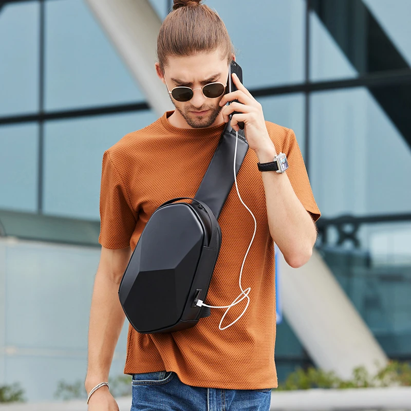 Hard Shell Design 3.0 USB Charging Crossbody Bag Shoulder Bags Male Waterproof Short Trip Chest Bag Pack for Men Sling Bag