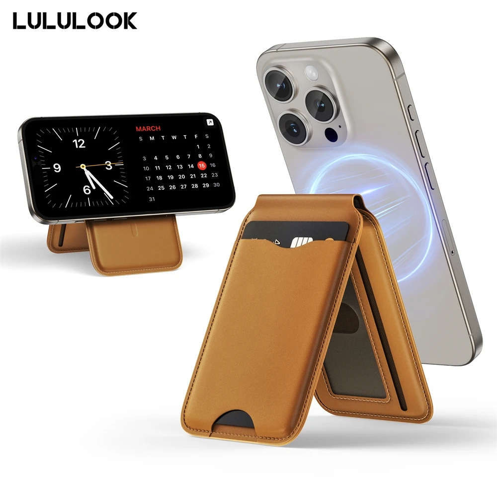 LULULOOK Magnetic Wallet Card Holder Leather Phone Stand For iPhone 16 15 14 13 16 Pro Max Magsafe Folding Wallet Card Bracket